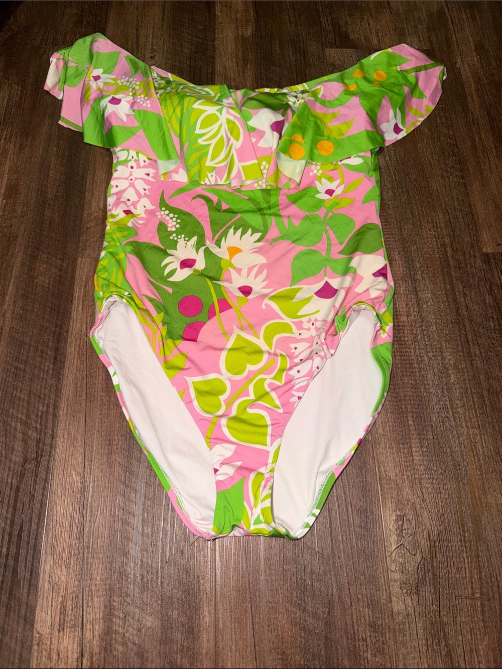 Trina Turk Women's Green Pink La Palma Off Shoulder One-Piece Swim Size 12